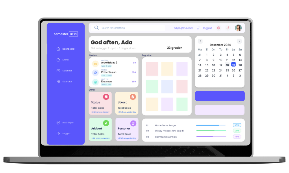En laptop og en mobiltelefon som viser skjermbilder av semesterCTRL appen. Appen har en lilla fargepalett og viser en kalender, oppgaveliste, og andre organisasjonsverktøy.